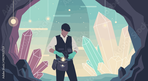 Illustration of a miner examining crystals in a cave illuminating with a torch
