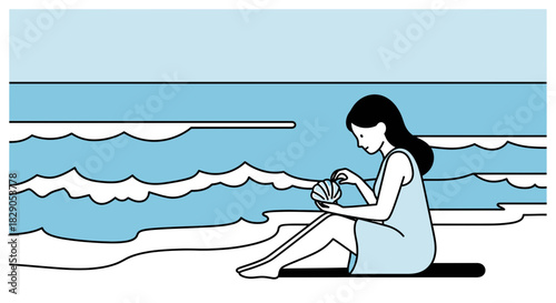 Illustration of a woman enjoying a peaceful moment with a seashell on a calm beach with blue tones