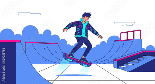Illustration of a young man riding hoverboard in skatepark with ramps and stairs on white background