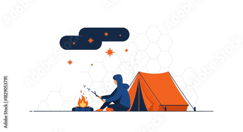 Illustration of camping with campfire and marshmallows under a starry night sky in nature with