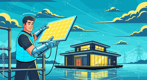 Illustration of Futuristic Solar Panel Installation on a Floating House Structure
