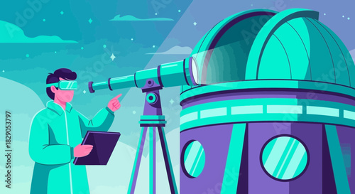 Illustrative depiction of an astronomer at an observatory using modern technology for space study