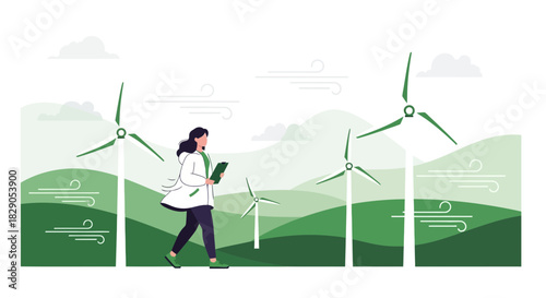 Illustration depicting a woman inspecting wind turbines in a rural landscape setting