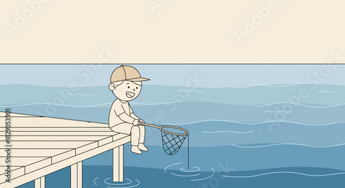 Illustration of a boy sitting on a wooden dock with a fishing net on the ocean water having fun in