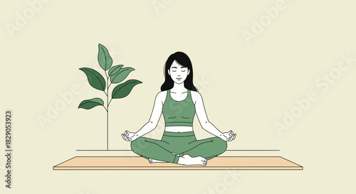 Young woman in yoga pose practicing meditation at home for relaxation and mindfulness wellness