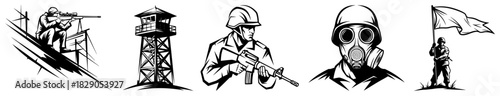 Military Icons Soldier Watchtower Sniper Gas Mask And Flag Monochrome Vector Set