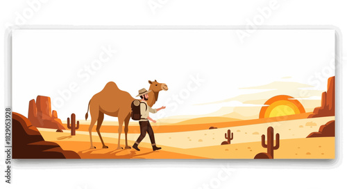 Illustration of a desert scene with a man walking with a camel in a desolate landscape during sunset