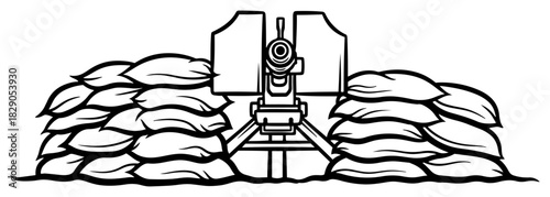Machine Gun Nest With Sandbags Defensive Emplacement Monochrome Vector Illustration
