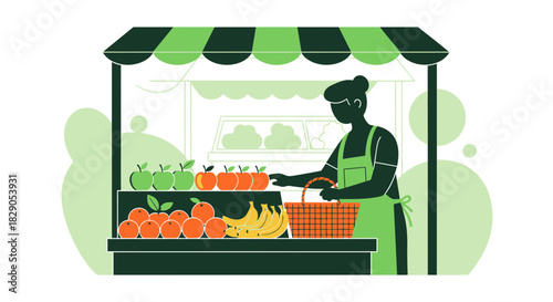 Illustration of a green market stall with fresh produce and a seller tending to fruit