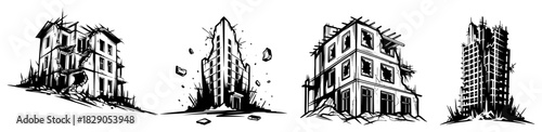 Ruined Buildings Illustration Set Apocalyptic Cityscape Destruction Collection