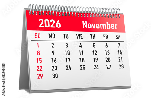 November 2026 desk calendar page with red header. Sunday-first layout and red weekend dates, 3D rendering