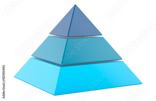 Three level pyramid infographic blocks blue shades. 3D rendering