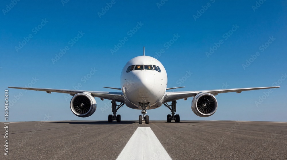 Naklejka premium Front view of a commercial passenger jet on an airport runway