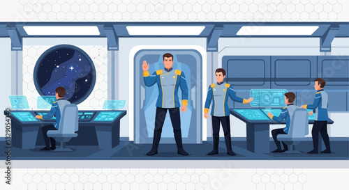 Futuristic spaceship control room with crew members monitoring systems and navigation panel in a