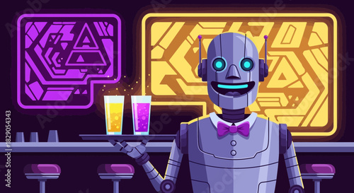 Futuristic robot bartender serving cocktails in a neon-lit bar illustration