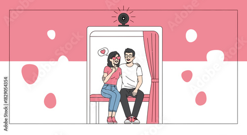 Happy Couple Taking Photos in a Photo Booth for Valentine's Day Celebration