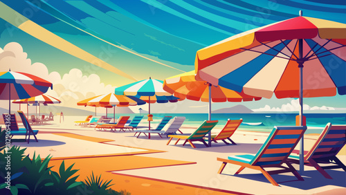 Very beautiful colorful umbrellas and neatly arranged beach chairs line the bright sandy shore at Myrtle Beach, creating a cheerful summer atmosphere beside calm coastal waves under clear skies.