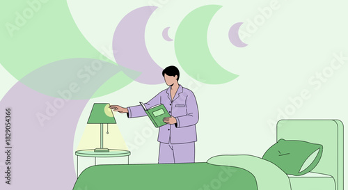 Illustration of a man reading in bed before sleeping with moon and soft colors background