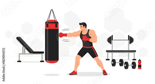 Illustration of a muscular boxer training with a punching bag in a well equipped gym training
