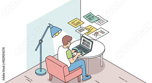 Illustration of a person working on a laptop in a home office setting showcasing remote work and