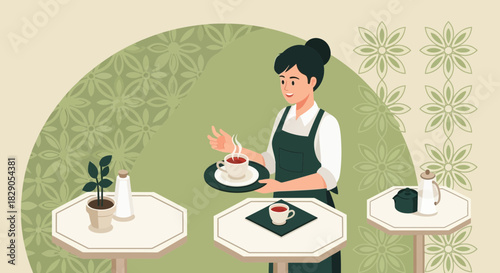 Illustration of a waitress serving coffee in a cafe with tables and decor