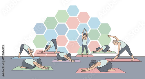 Illustration showcasing diverse yoga poses on mats against a hexagon backdrop representing