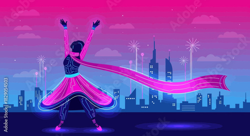Futuristic dancer celebrating in neon city, symbolizing the joy of technological advancement and