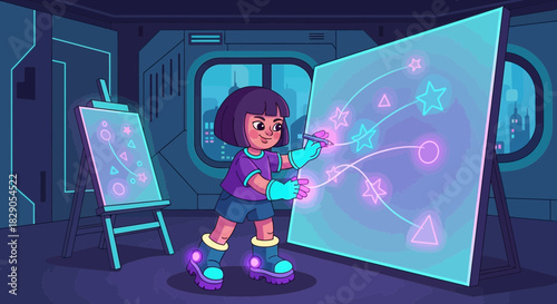 Futuristic girl artist creatively draws neon shapes on illuminated canvases in her studio