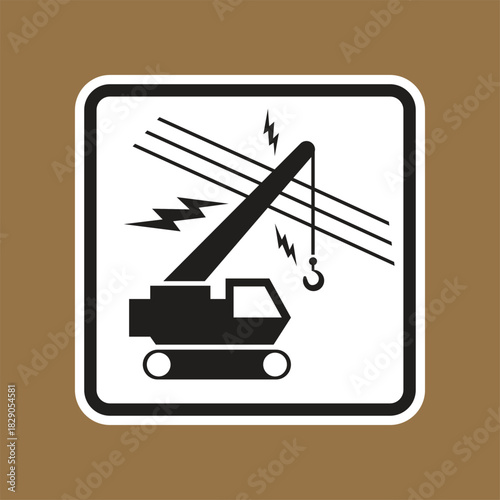 Construction Crane Working Near Power Lines Caution Sign Icon Graphic