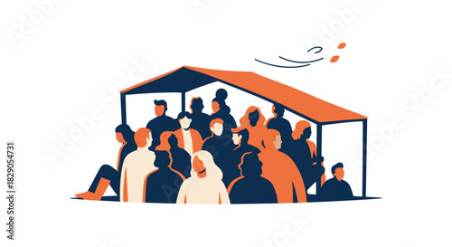 Community shelter gathering in modern minimalist art with warm palette