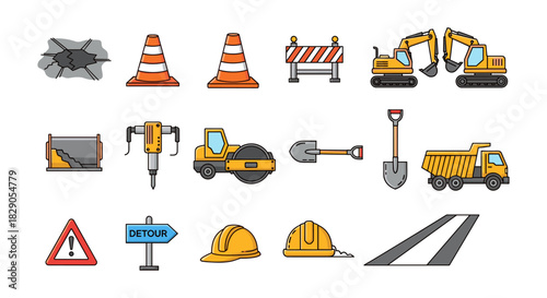 Construction equipment and tools collection: flat design icons for infrastructure projects