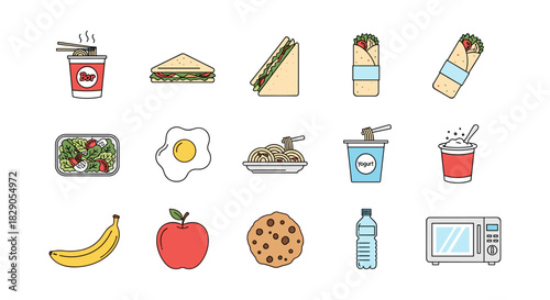 Colorful icons of various foods and beverages in flat design