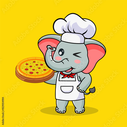 Cute Elephant Chef Winking with a Freshly Baked Pizza Vector Illustration Cartoon Kawaii Design