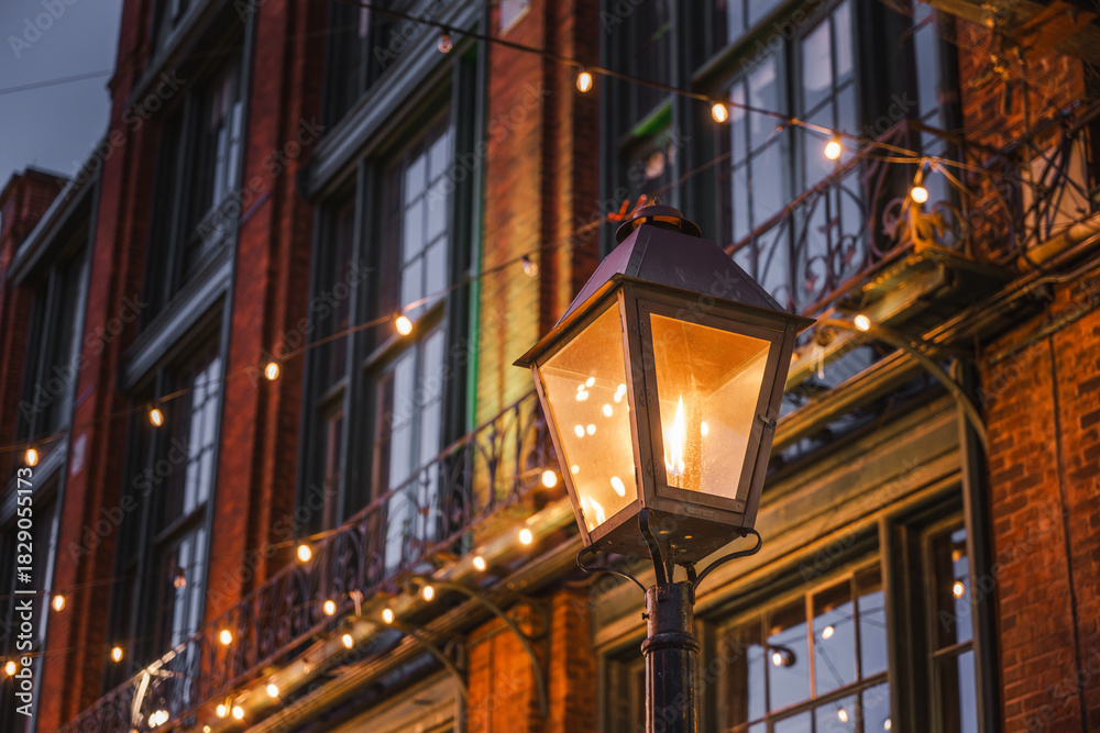 Fototapeta premium Warm street lantern glowing at dusk in Toronto's historic Distillery District, with festive string lights illuminating the old brick architecture.