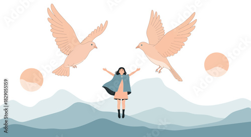 A serene illustration of a woman with arms raised, surrounded by doves and a tranquil mountain