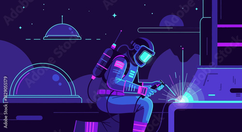 Astronaut worker welding metal in space station, science fiction background scene