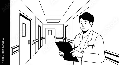 Cartoon illustration of a doctor in a hospital hallway taking notes on a chart