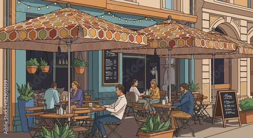 Charming outdoor cafe scene with patrons enjoying ambiance under patterned umbrellas