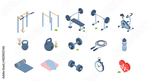 Essential home gym equipment in isometric style for fitness and exercise enthusiasts