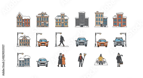 Snowy urban winter scene with buildings, cars, and people in flat style