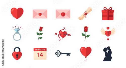Romantic symbols collection: heart, roses, ring, gifts, love icons for valentine's day