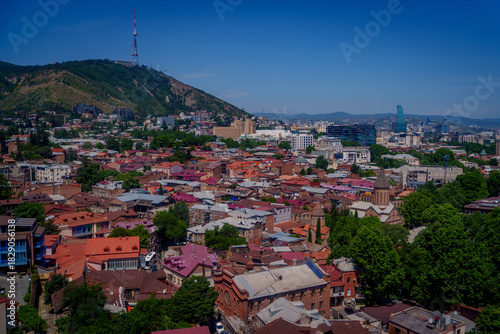 Tbilisi cityscape with Old Town roofs and TV tower on Mtatsminda