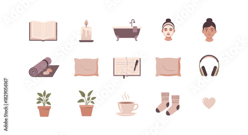 Cozy home essentials icons for relaxation and comfort