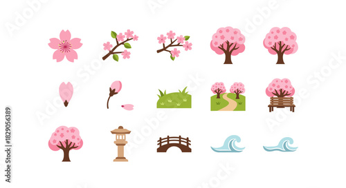 Cherry blossom elements: floral designs with trees and garden accents