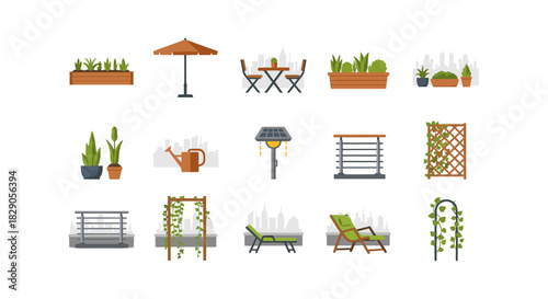 Urban garden furniture and decor in flat style for modern outdoor spaces