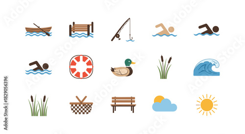 Flat design icons for outdoor water activities and relaxation