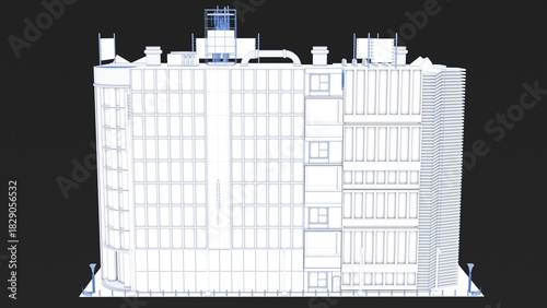 3D rendering of a stylized uniquely designed building with white color and blue lines represented in a blueprint format