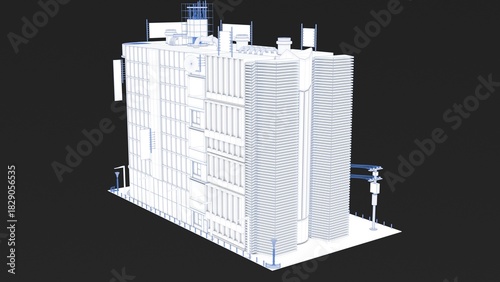 3D rendering of a stylized uniquely designed building with white color and blue lines represented in a blueprint format