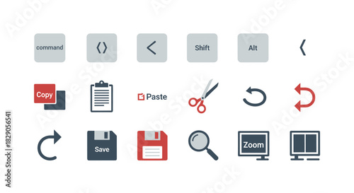 Computer interface icons set: commands, clipboard, editing tools, and navigation elements
