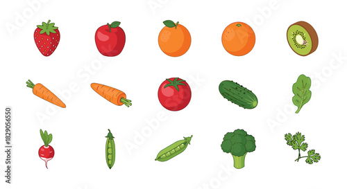 Colorful flat icons of fresh fruits and vegetables on white background
